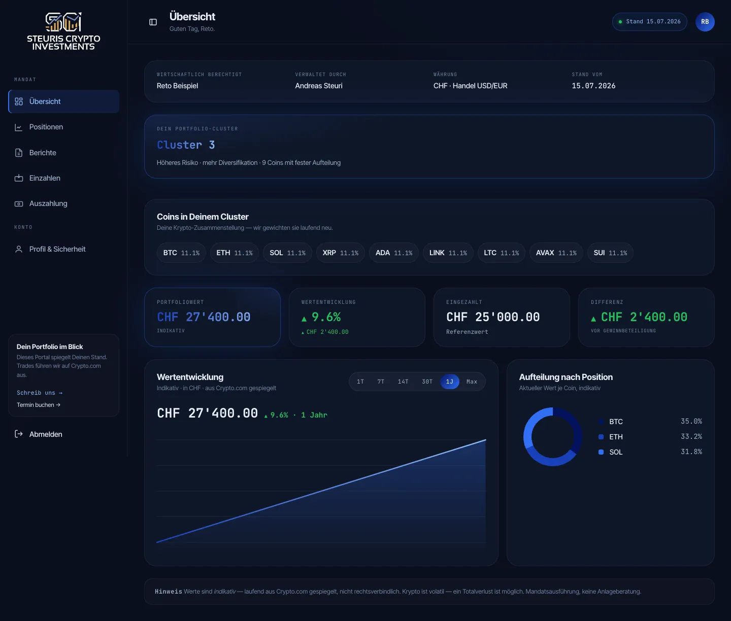 Portal overview with portfolio value, performance, cluster allocation and split by position