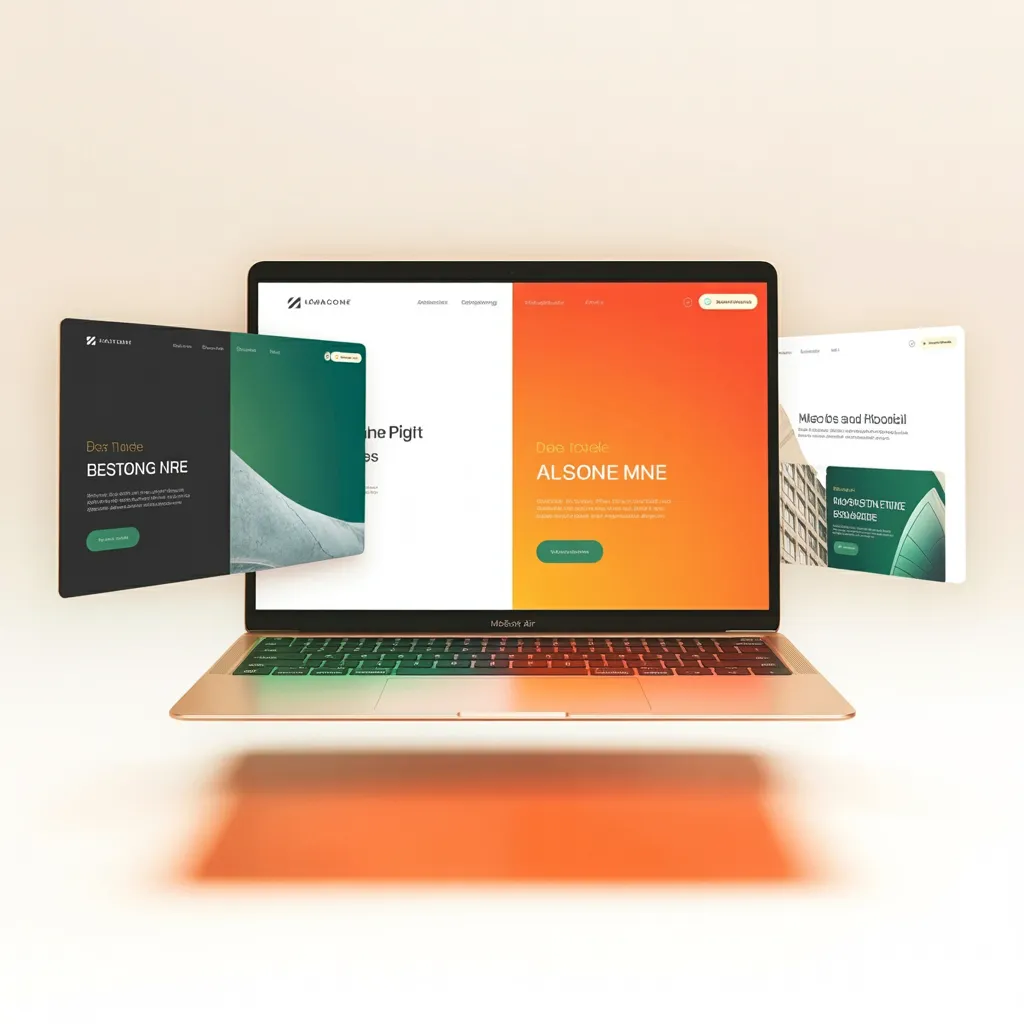 Aufgeklappter Laptop mit einer Website, links und rechts schweben zwei weitere Seitenansichten – Vorschau vor dem Veröffentlichen