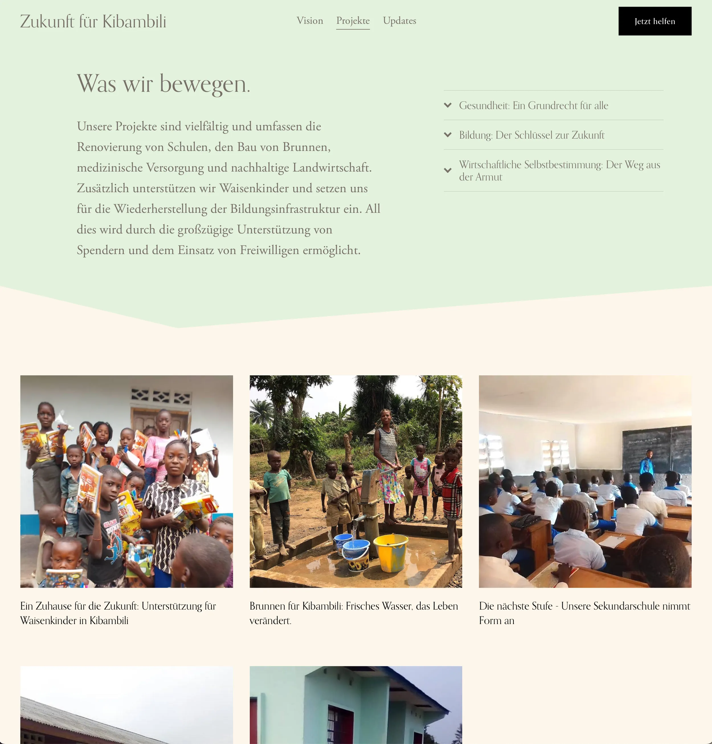 Projekte-Seite der Kibambili-Webseite mit Projektübersicht