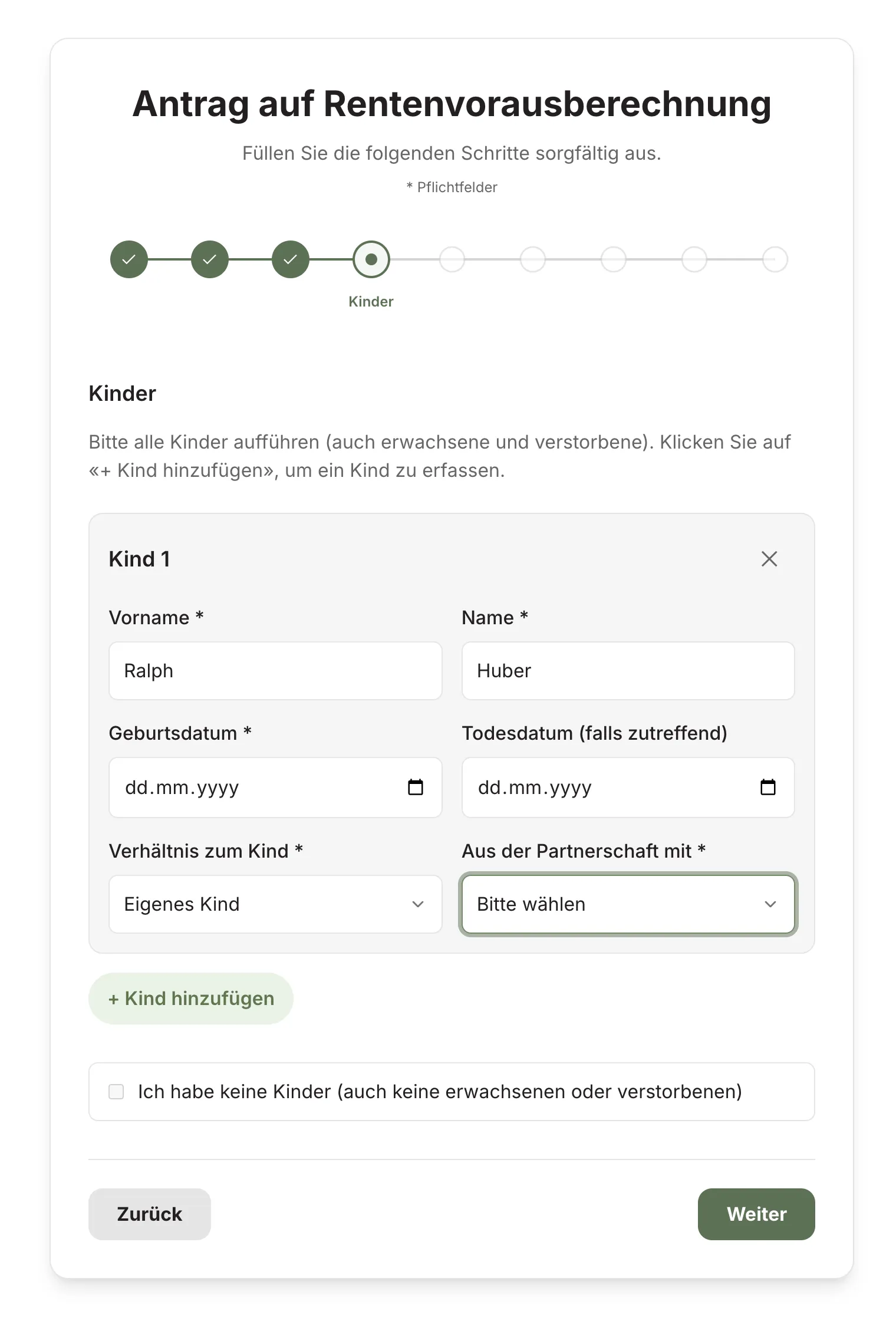 Etapa 4 do formulário de cálculo de aposentadoria: filhos — máscara de entrada para qualquer número de filhos com dropdown de relação e data de falecimento opcional