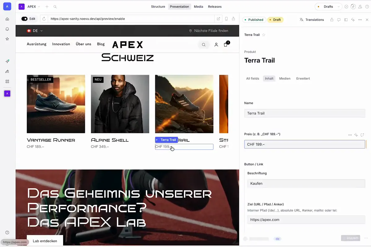 O Sanity Studio da demo APEX da Noevu: a pré-visualização ao vivo à esquerda, os campos do produto à direita