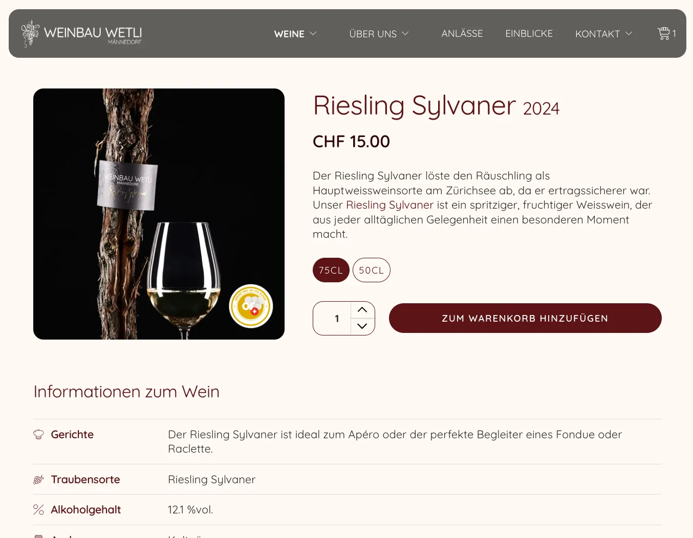 Weinbau Wetli — individuell gestalteter Squarespace-Onlineshop für ein Zürcher Weingut