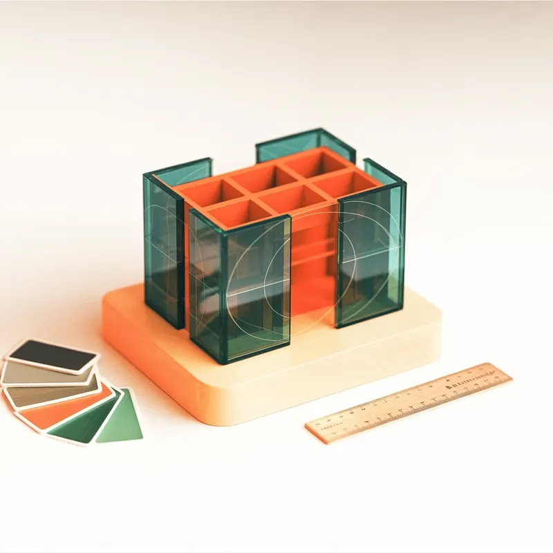 Architekturmodell aus Glas und Korall mit Farbmustern und Lineal