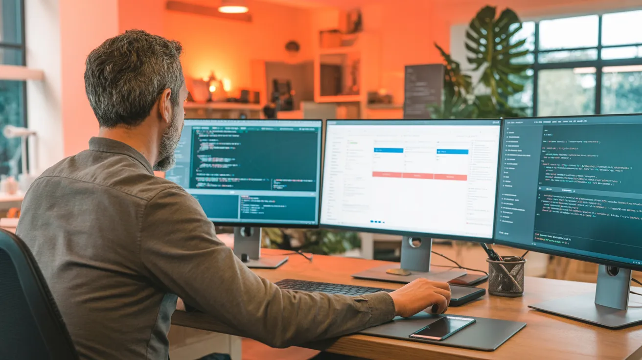Erfahrener Senior-Entwickler vor drei Bildschirmen mit Code und Website-Prototyp