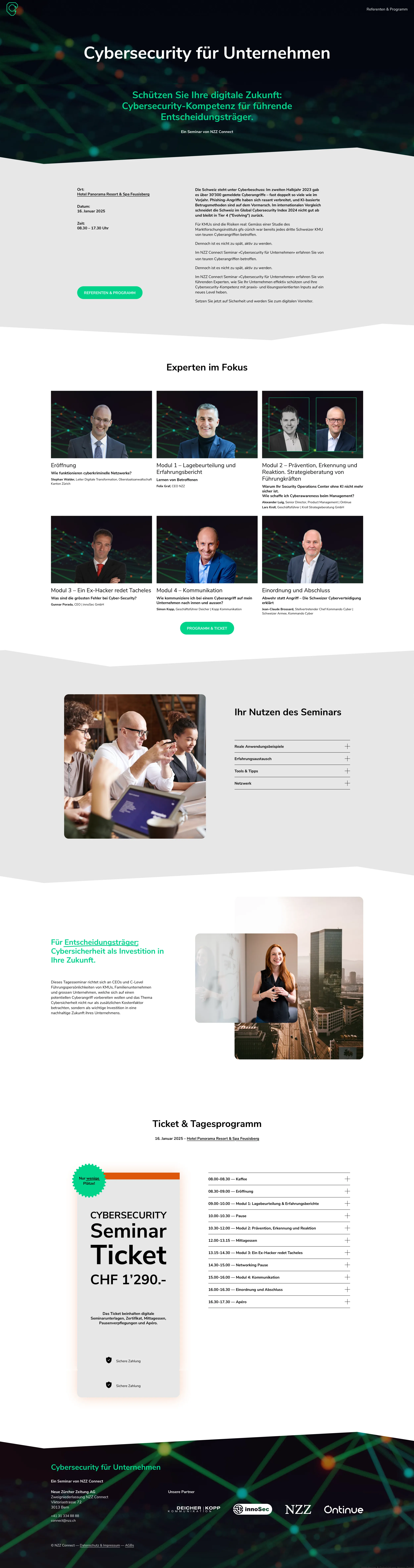 Vollständige Cybersecurity Seminar Webseite von NZZ Connect – mobile Ansicht