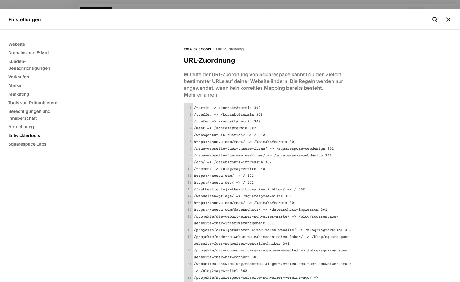 Squarespace URL-Weiterleitungen Einstellungsseite im Backend