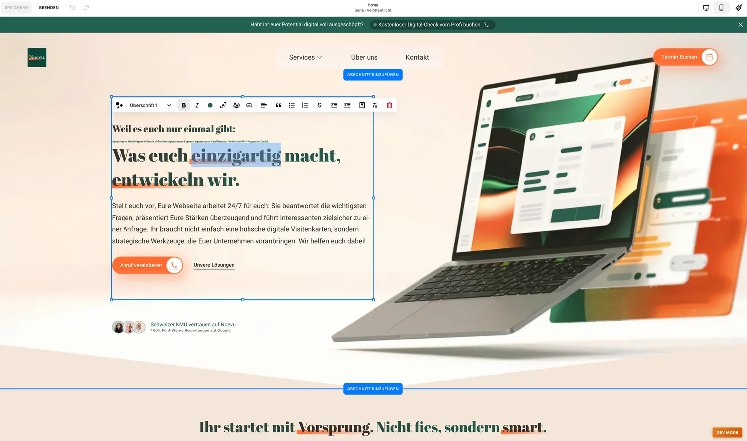 Squarespace-Editor mit Live-Vorschau einer Noevu-Website: Inhalte werden visuell direkt in der Seitenansicht bearbeitet