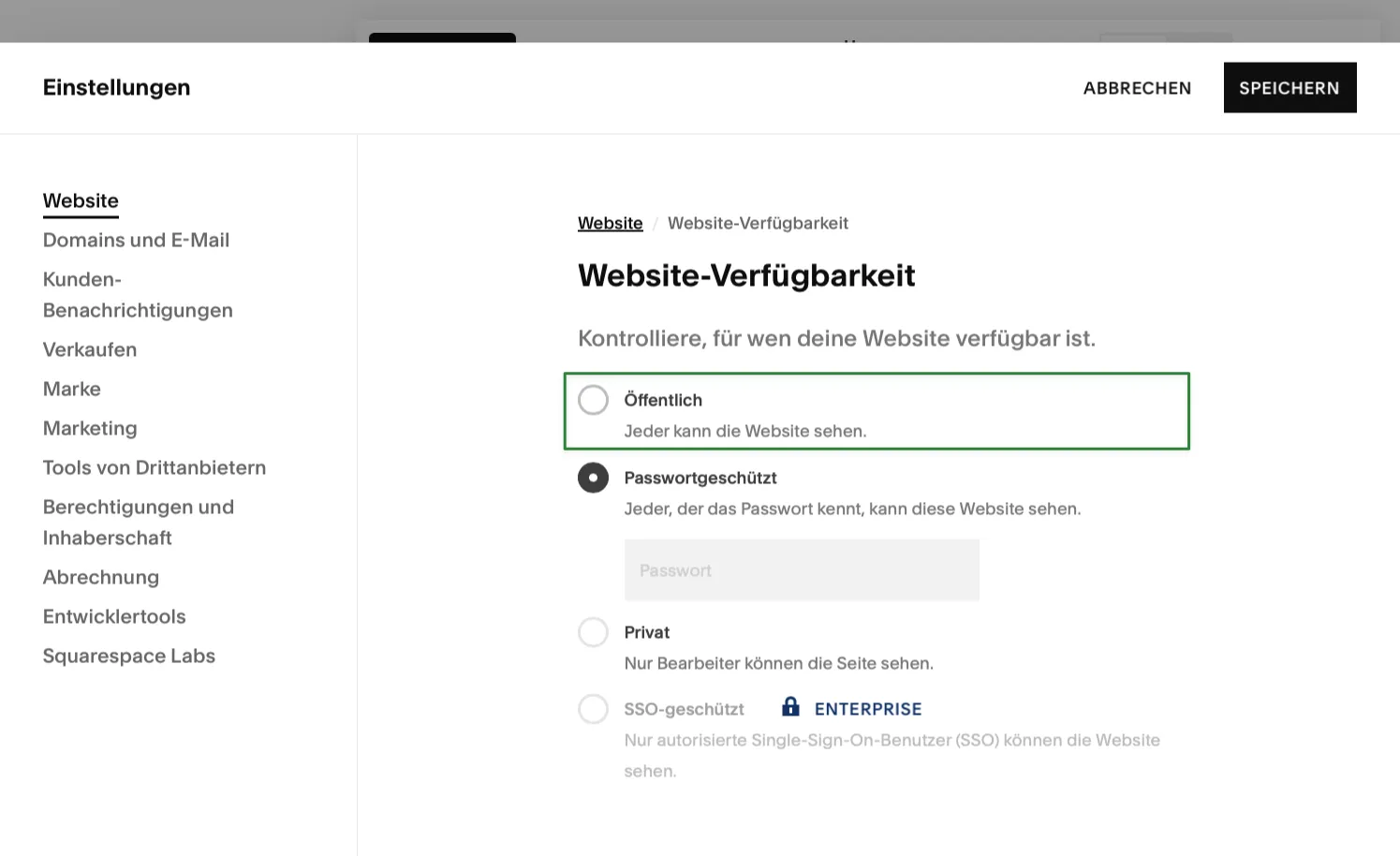 Squarespace CMS Dashboard mit dem Veröffentlichen-Button für eine neue Webseite