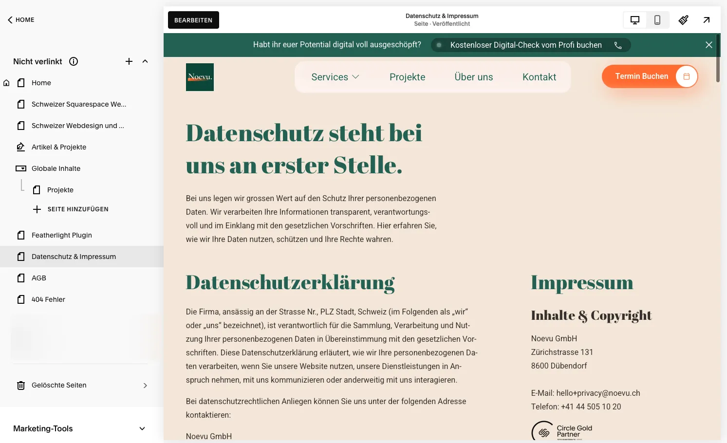 Squarespace Datenschutzerklärung Seite im Browser