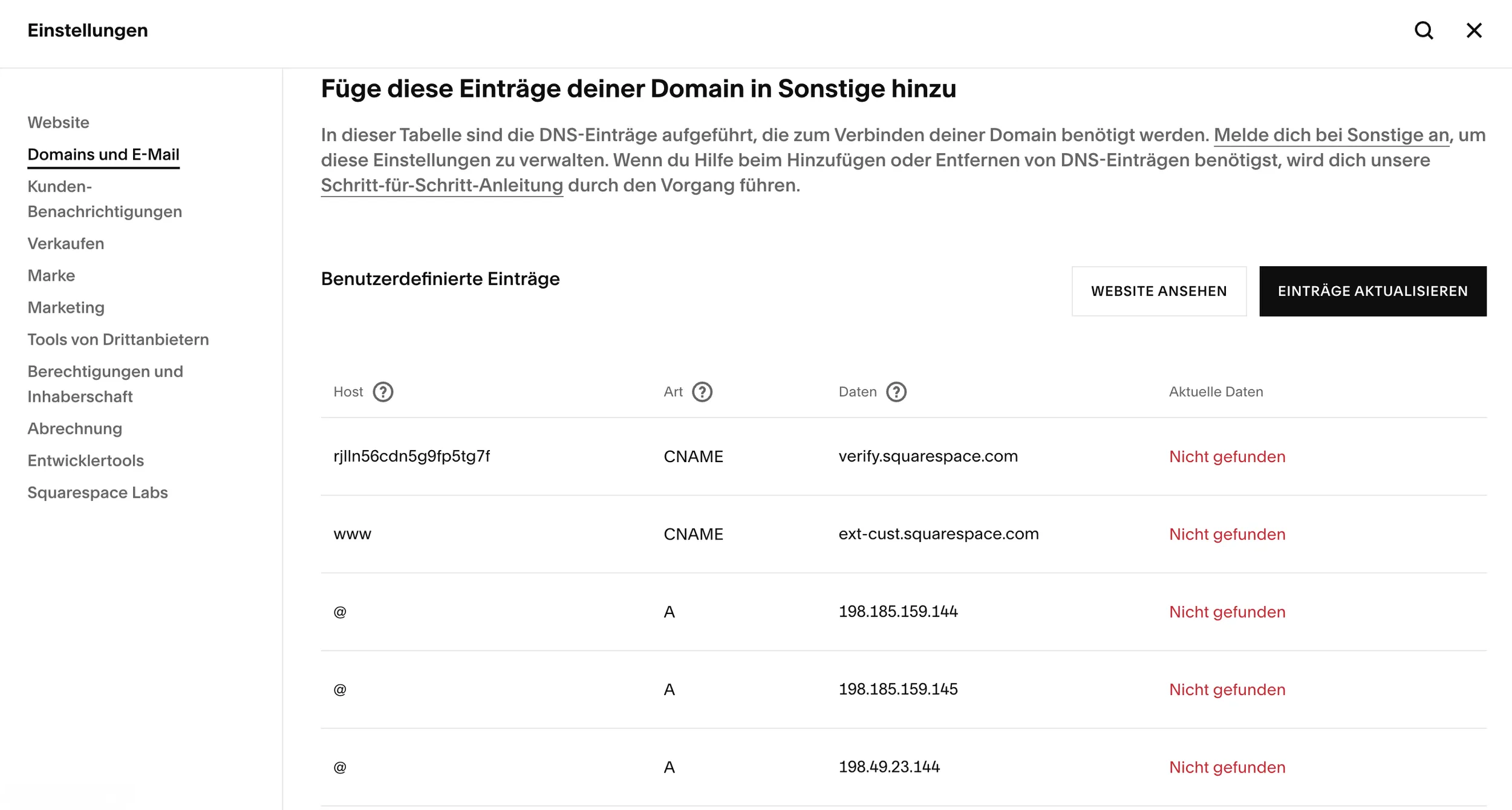 Squarespace DNS-Einstellungen – Domain verbinden