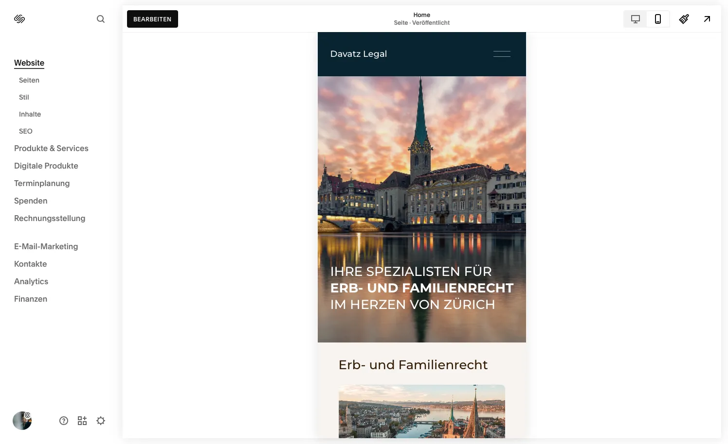 Squarespace Mobile Layout Prüfung mit blauem Symbol für ungeprüfte Elemente