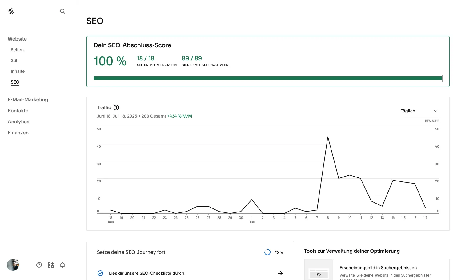 Squarespace SEO and analytics settings in the backend with Google Search Console connection
