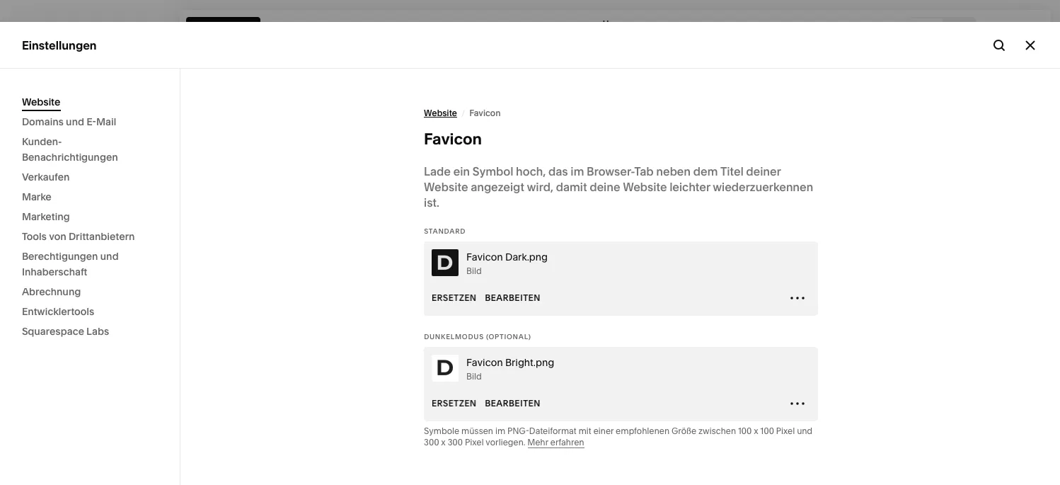Squarespace SEO and favicon settings in the backend