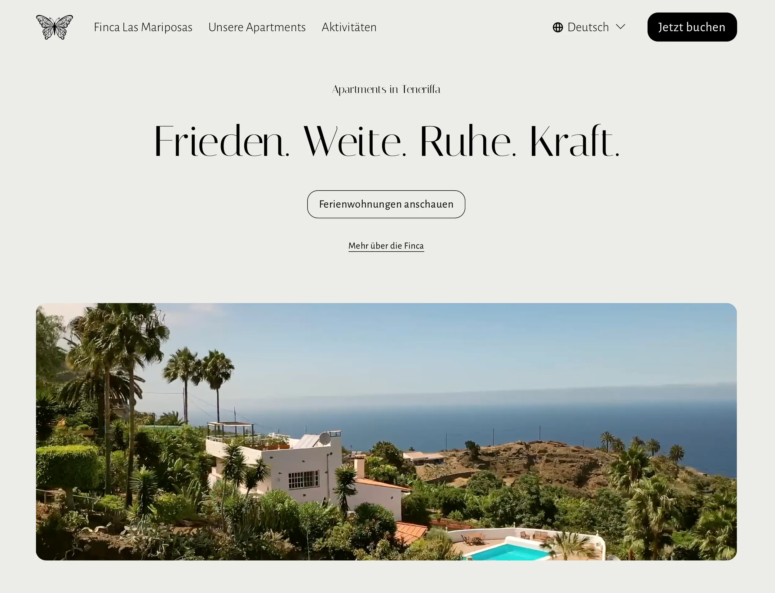 Screenshot der neuen Finca Las Mariposas Startseite auf Squarespace