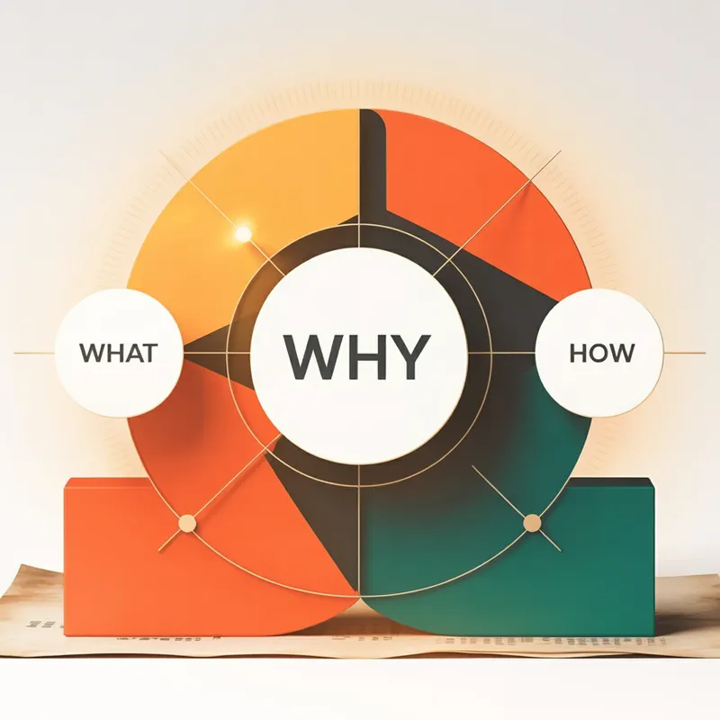 Diagramm mit WHY in der Mitte, umgeben von Kreisen mit WHAT und HOW – symbolisiert klare Strategie und zielgerichtete Umsetzung.
