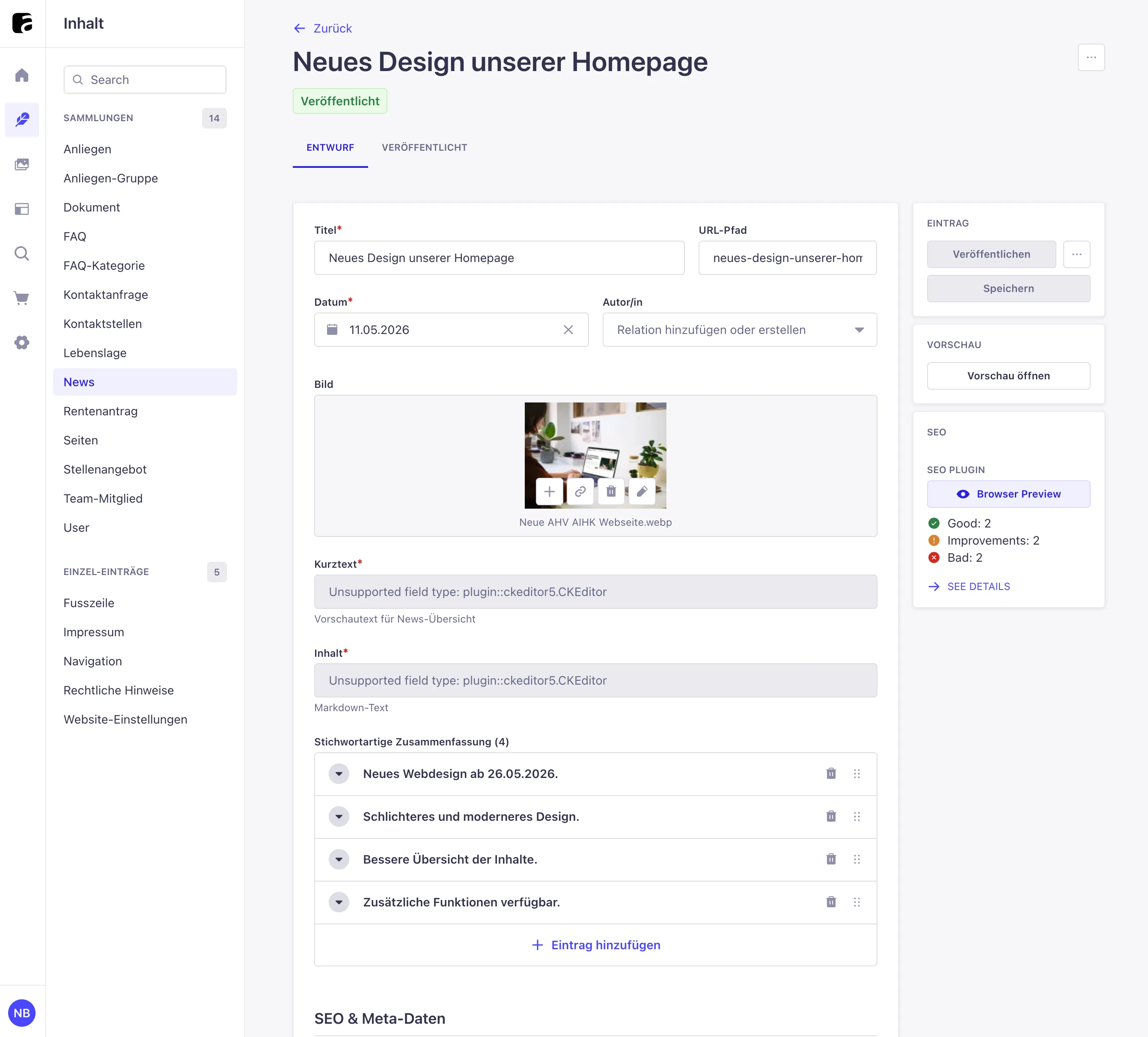 Interface administrativa do Strapi no site AHV-AIHK — gestão de conteúdo com notícias, páginas e formulários no Strapi 5