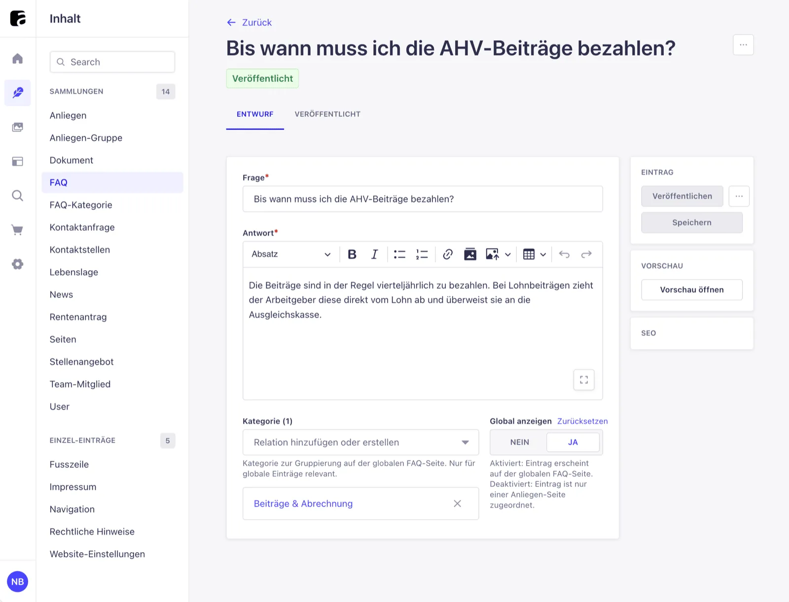 Strapi-Bearbeitungsansicht eines FAQ-Eintrags mit beschrifteten Feldern für Frage, Antwort und Kategorie sowie Bereichen für Vorschau und SEO