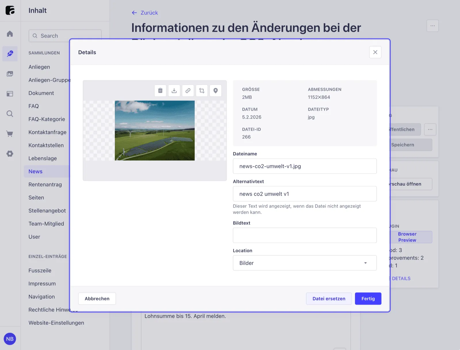 Strapi-Mediendetail mit Vorschaubild, Dateiname und Eingabefeldern für Alternativtext, Bildtext und Ablageort