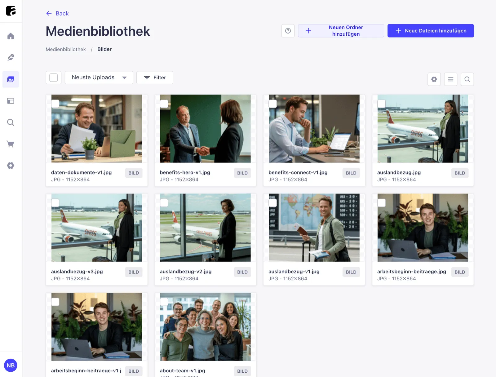 Strapi-Medienbibliothek als Raster benannter Bilddateien mit Dateinamen und Formatangabe