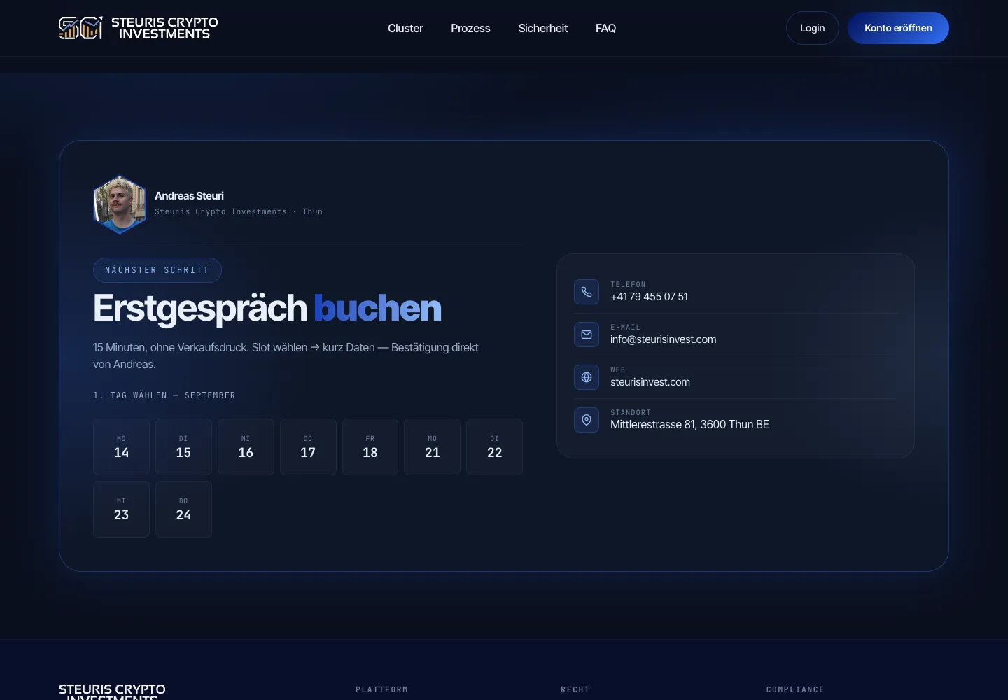 Booking section of the home page with portrait, day picker and contact details