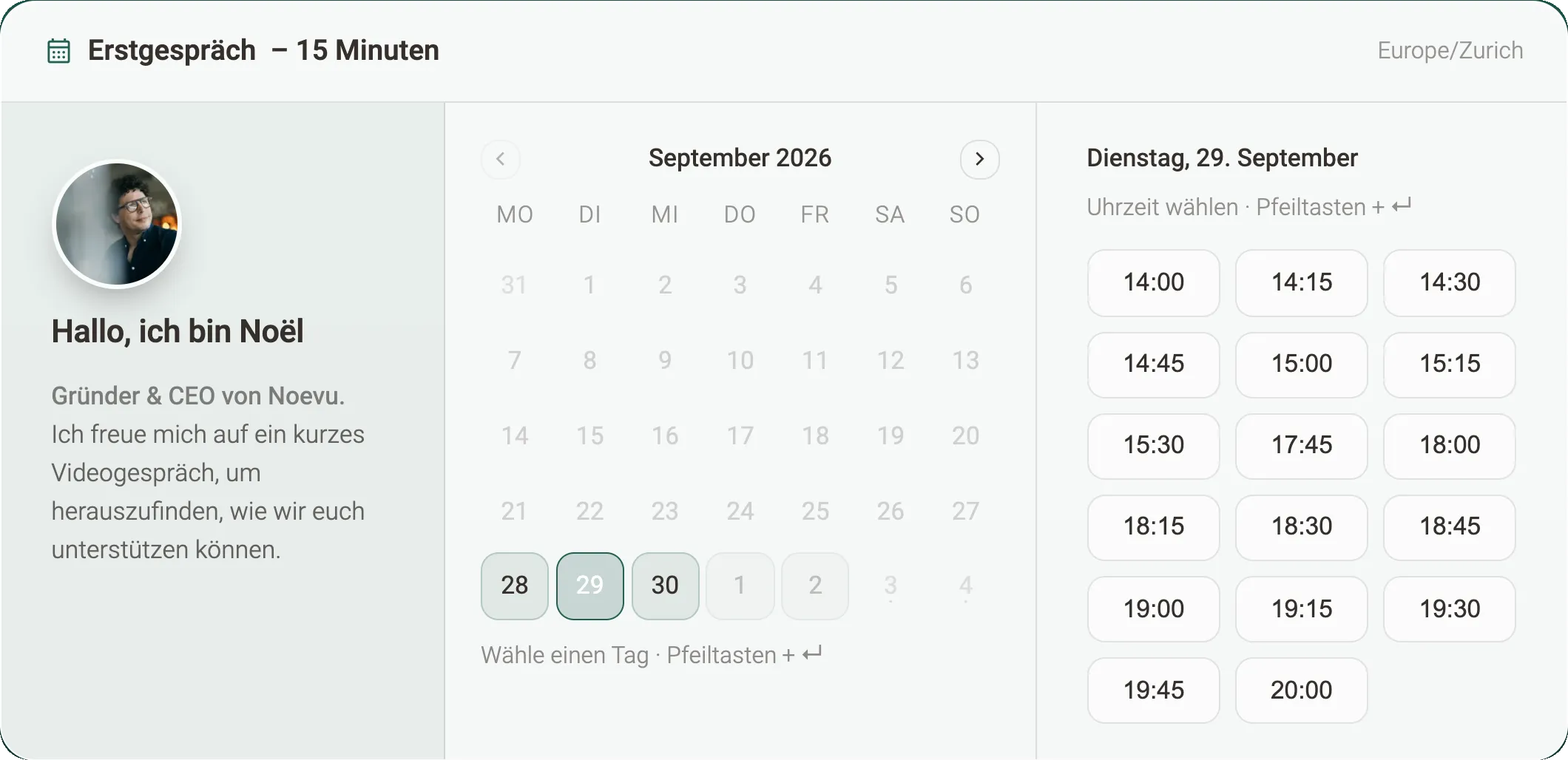 Buchungskalender auf noevu.ch für ein Erstgespräch: Monatsansicht, ausgewählter Dienstag und freie Uhrzeiten von 14:00 bis 20:00 Uhr