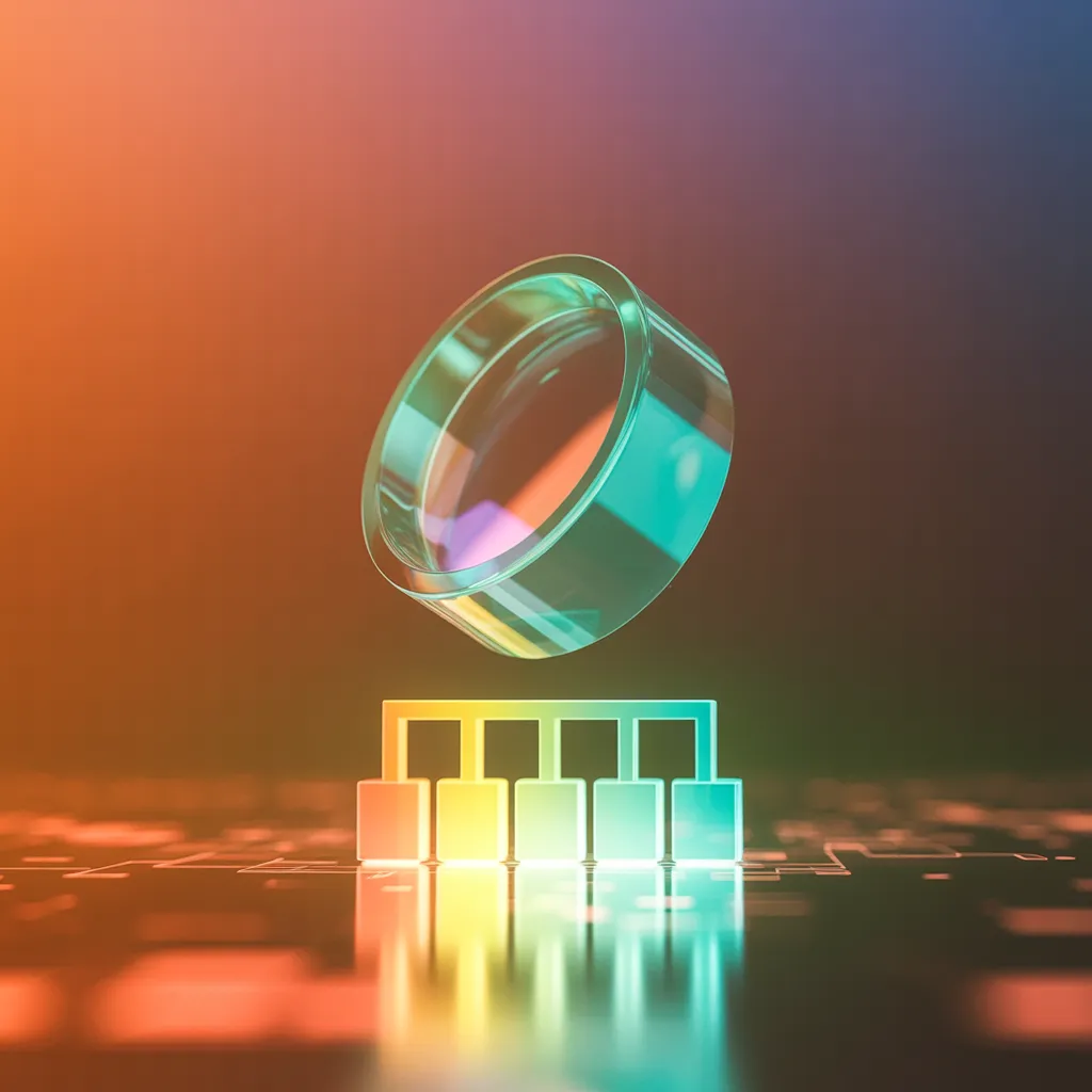 Lupa de vidro translúcido sobre um organograma holográfico — simboliza a fase de descoberta para clarificação de necessidades