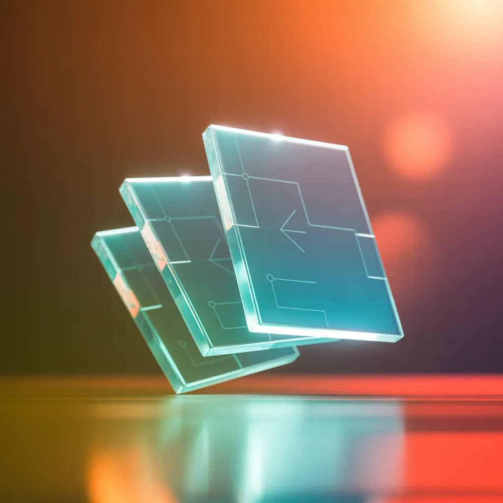 Drei translucente Glas-Modulkarten werden mit holographischen Linien zusammengesetzt — symbolisiert die Konzeptphase der Schulungsmaterialien