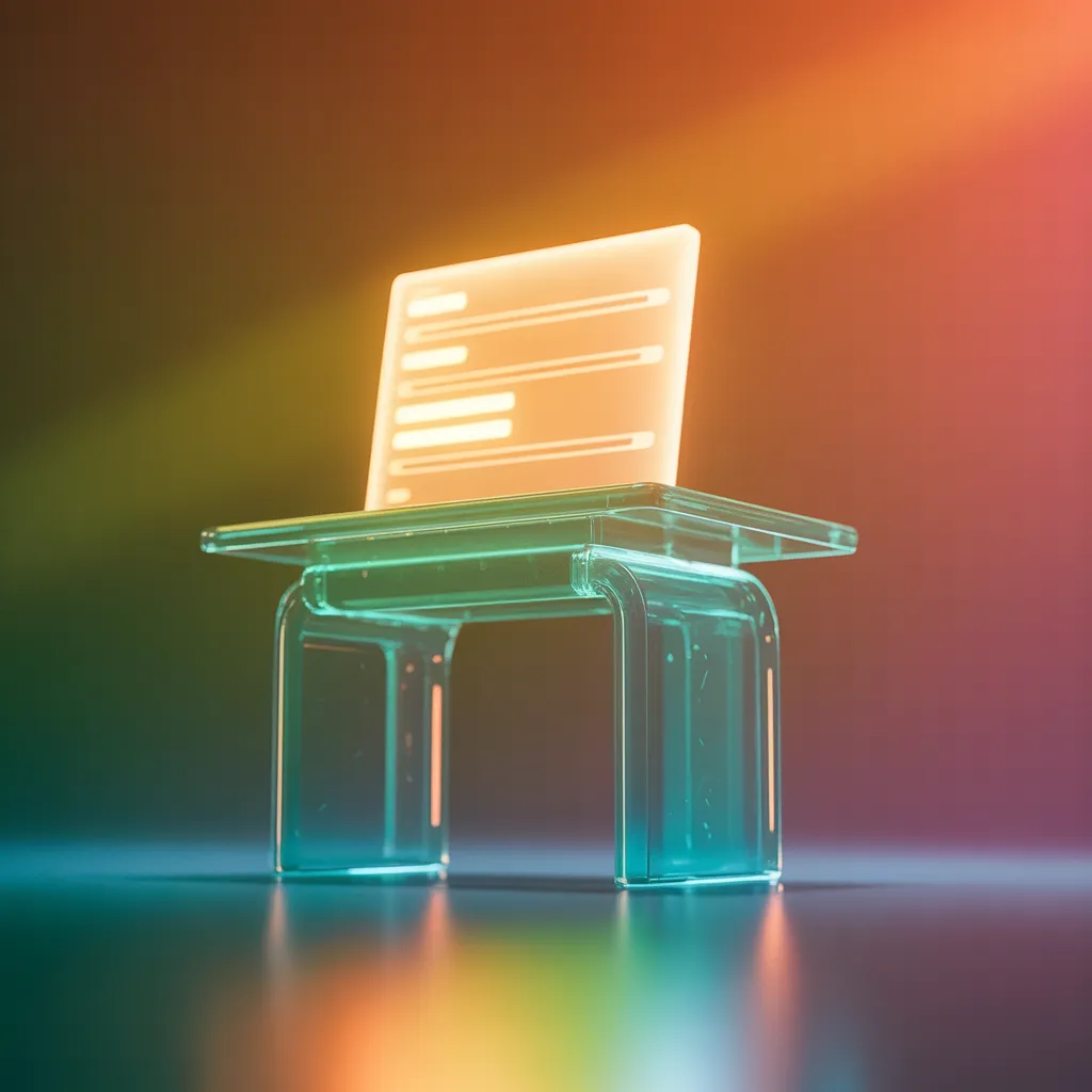 Translucenter Glas-Schreibtisch mit schwebendem Prompt-Interface — symbolisiert die Schulungs- und Praxisphase
