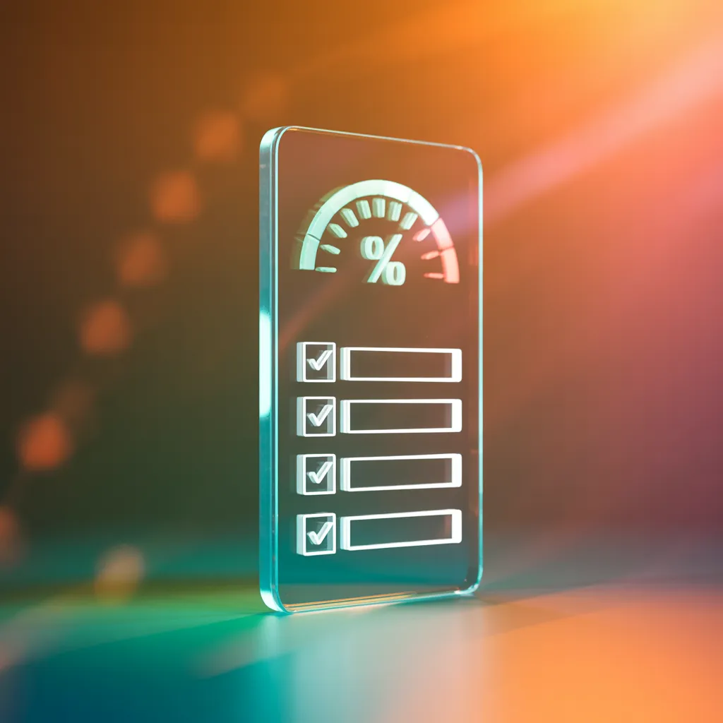 Translucentes Glas-Tablet mit Multiple-Choice-Checkliste und leuchtender Prozent-Anzeige — symbolisiert Abschlusstest und Zertifikat