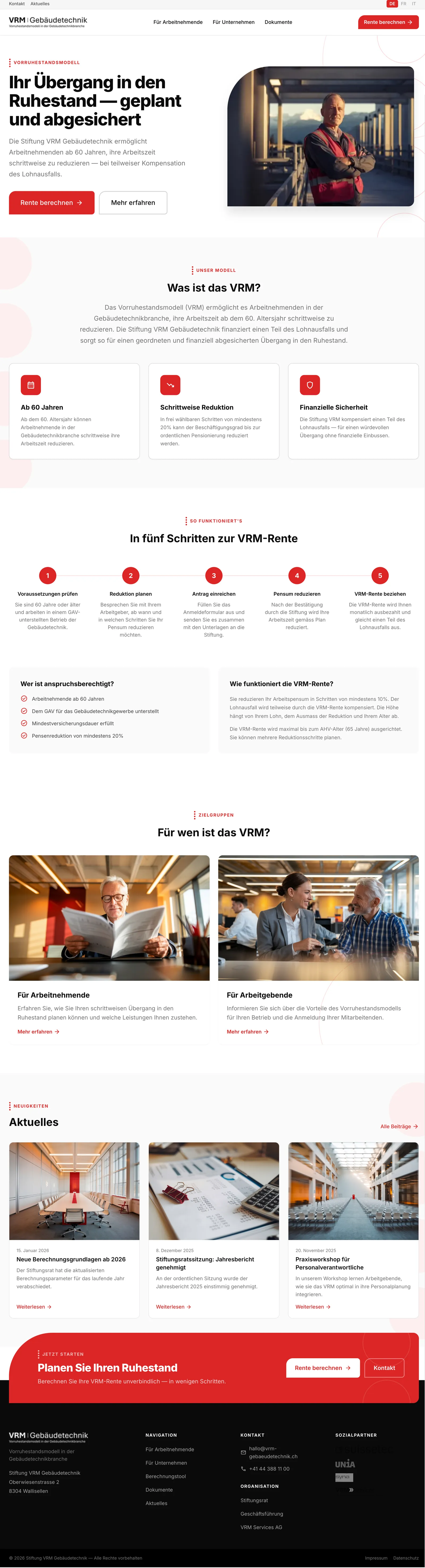 Primeiro esboço de design do site da VRM em fevereiro de 2026, com acento vermelho