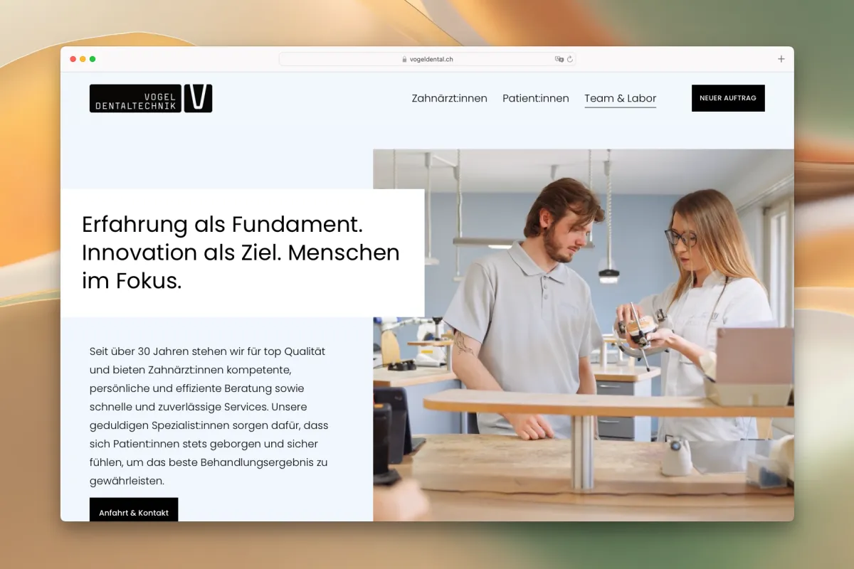 Site da Vogel Dentaltechnik – visualização móvel