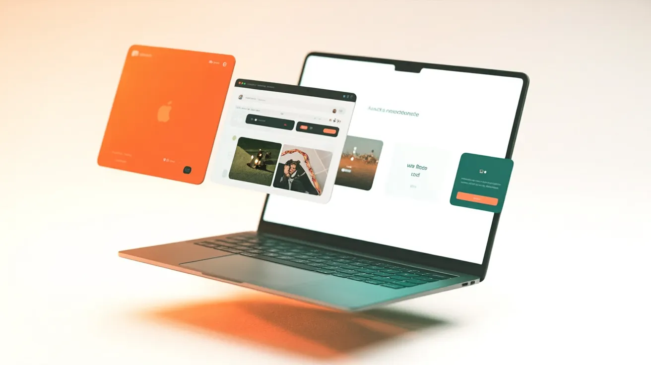 Laptop mit schwebenden Website-Komponenten — individuelles Webdesign