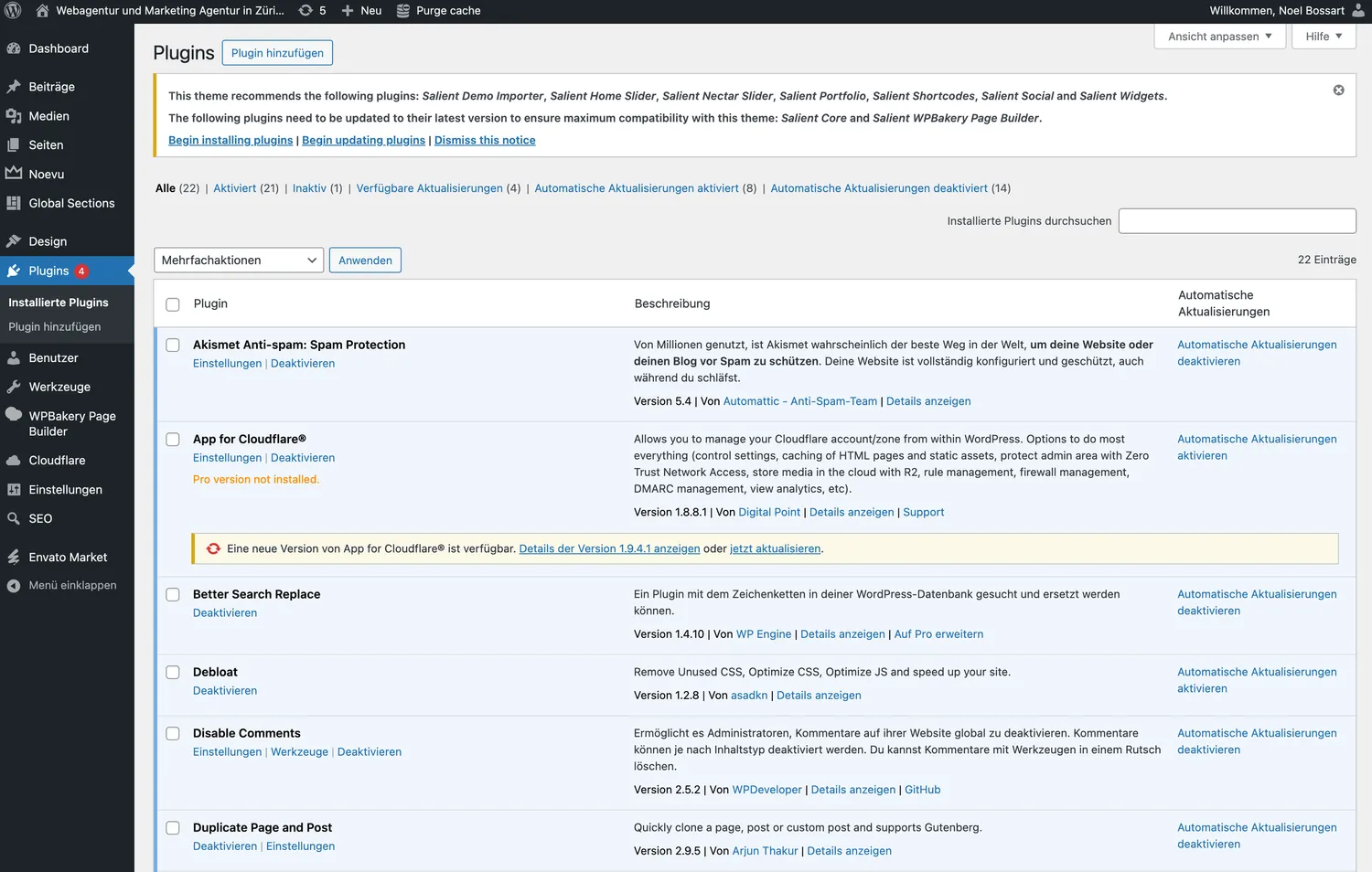 WordPress Plugin-Verwaltung mit Update-Benachrichtigungen und Pop-ups