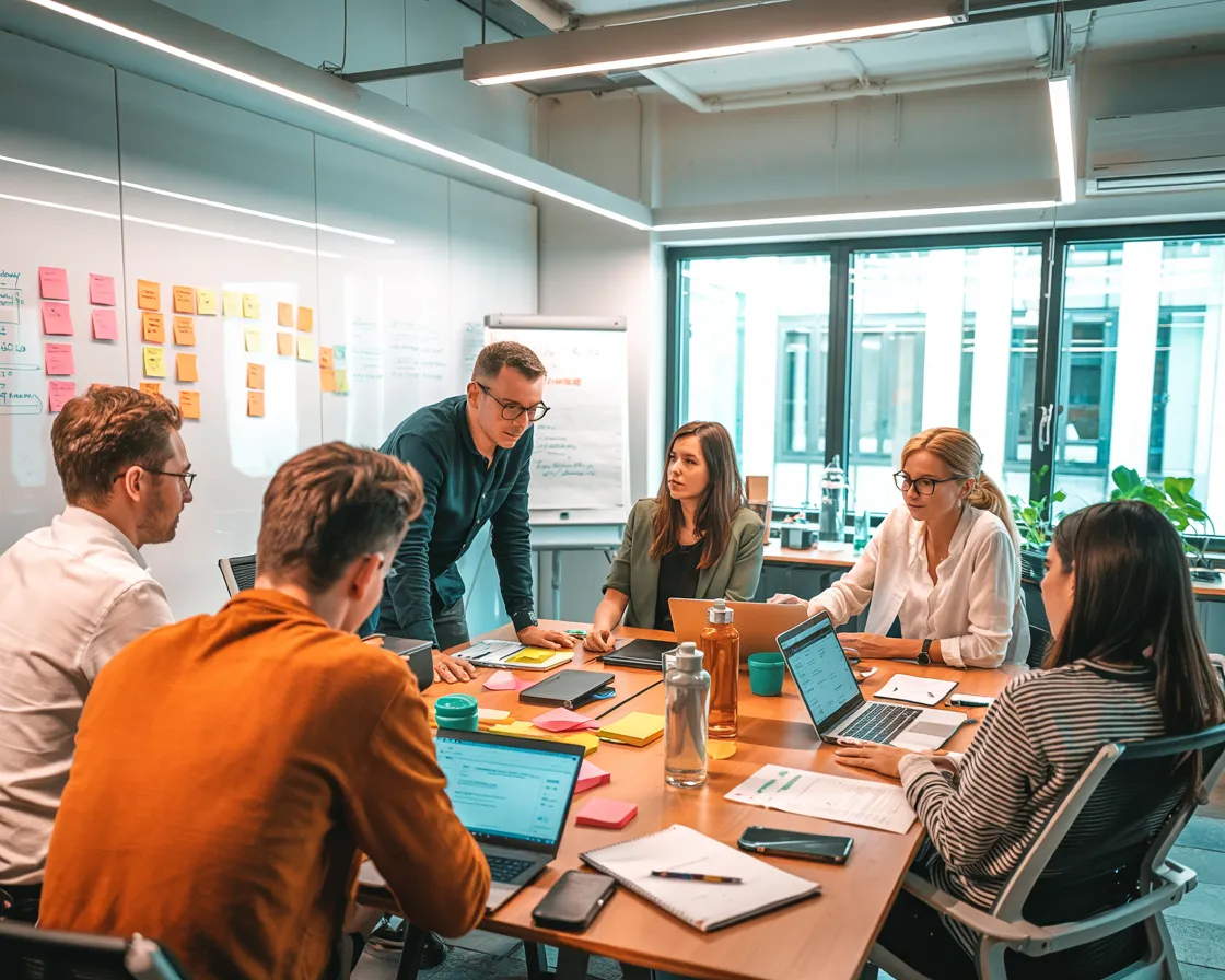 Noevu UX workshop at a Swiss SME: team at a conference table with laptops, whiteboard with empathy-map post-its in the background
